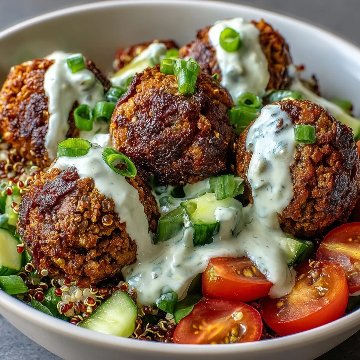 Crisp baked falafel and fluffy quinoa in a vibrant bowl topped with cucumbers, tomatoes, and a creamy garlic tahini drizzle.
