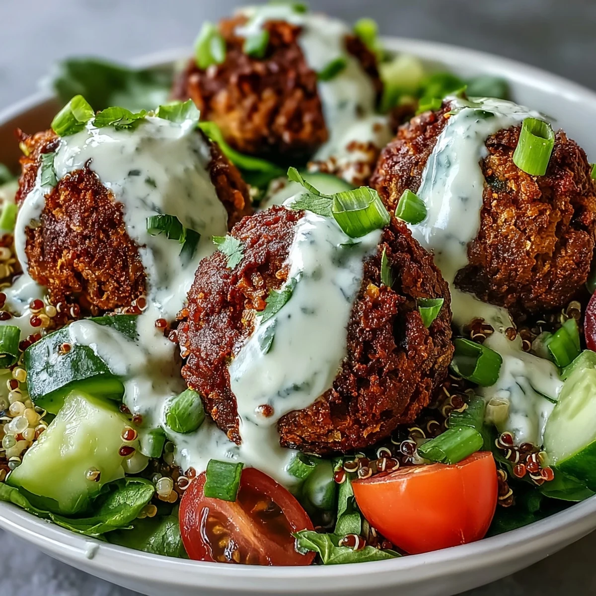 Golden falafel patties resting on a bed of quinoa, surrounded by fresh diced cucumbers and halved cherry tomatoes for texture.