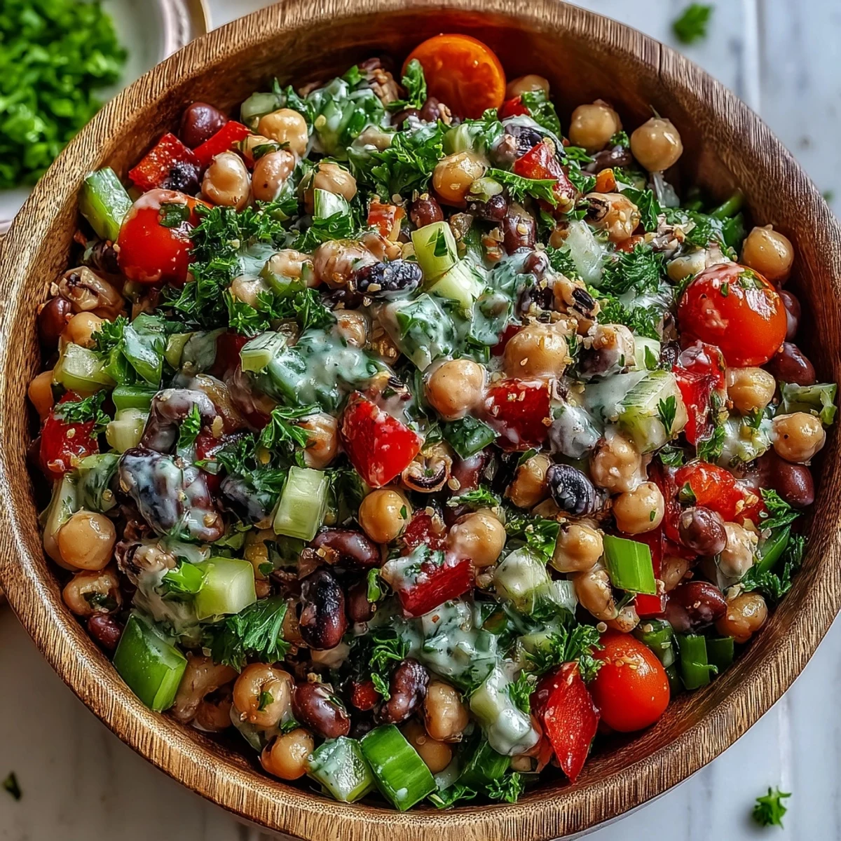 Fluffy chilled rice and halved cherry tomatoes join green onions and parsley in this vibrant vegan New Years Hoppin John Salad.