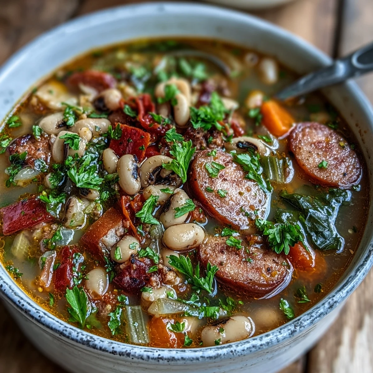 Hearty Black-Eyed Peas and Sausage Soup simmering in a rustic pot with a wooden spoon ready to serve.