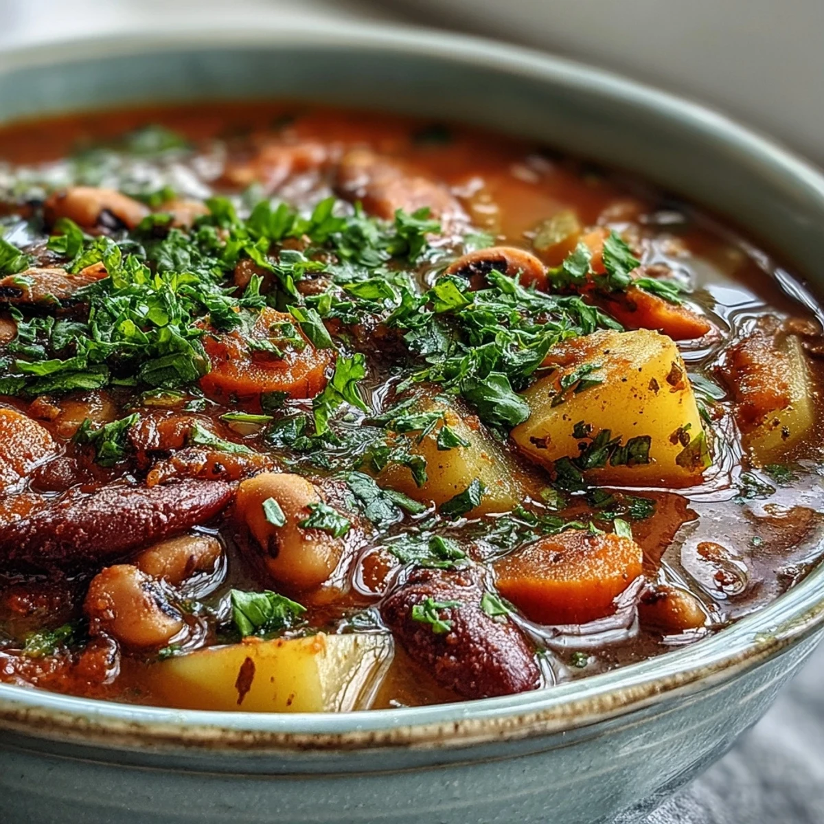 Black-Eyed Pea Stew served steaming hot in a rustic bowl garnished with fresh parsley for a comforting meal.