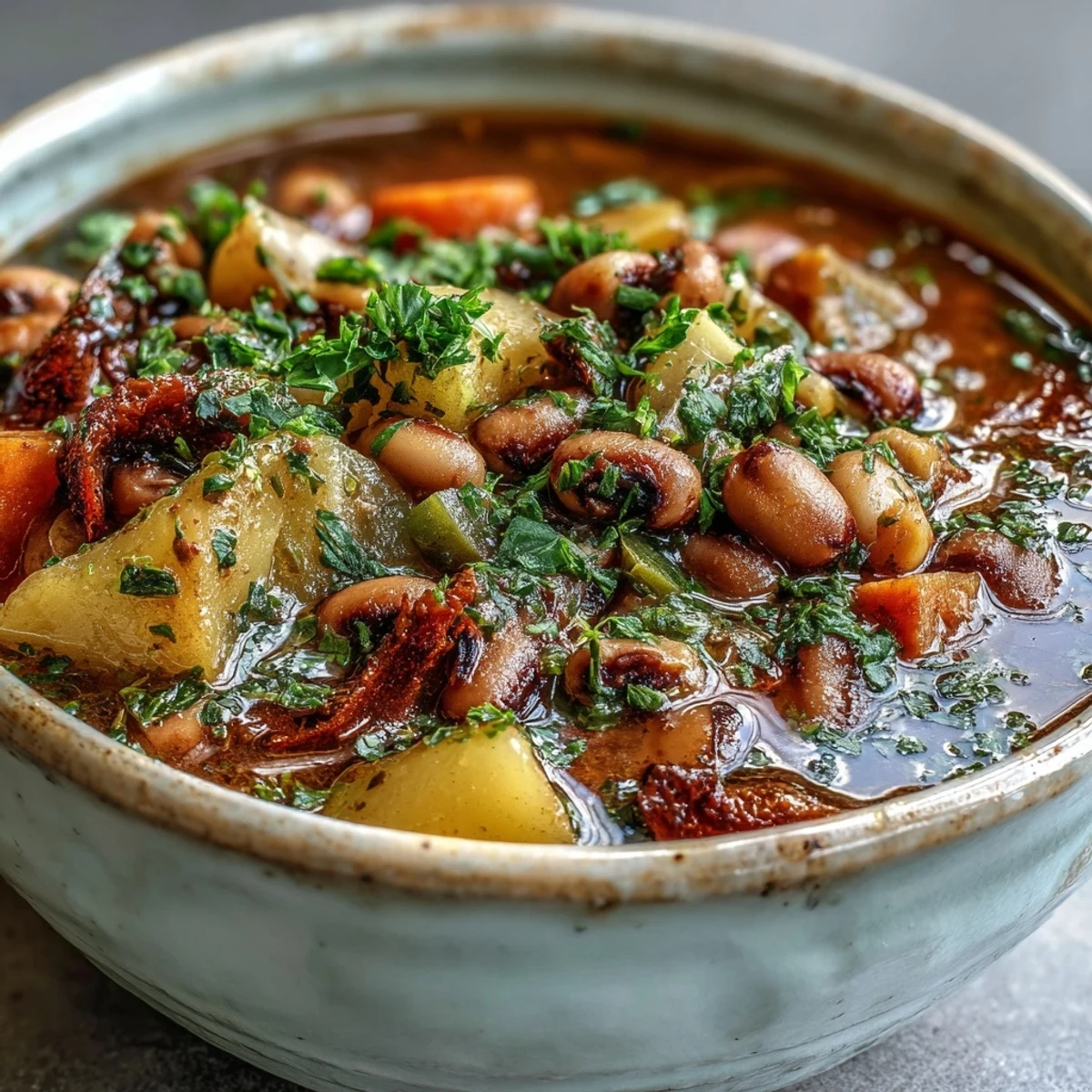 A hearty bowl of Black-Eyed Pea Stew featuring tender vegetables and savory tomato broth, ready to serve.