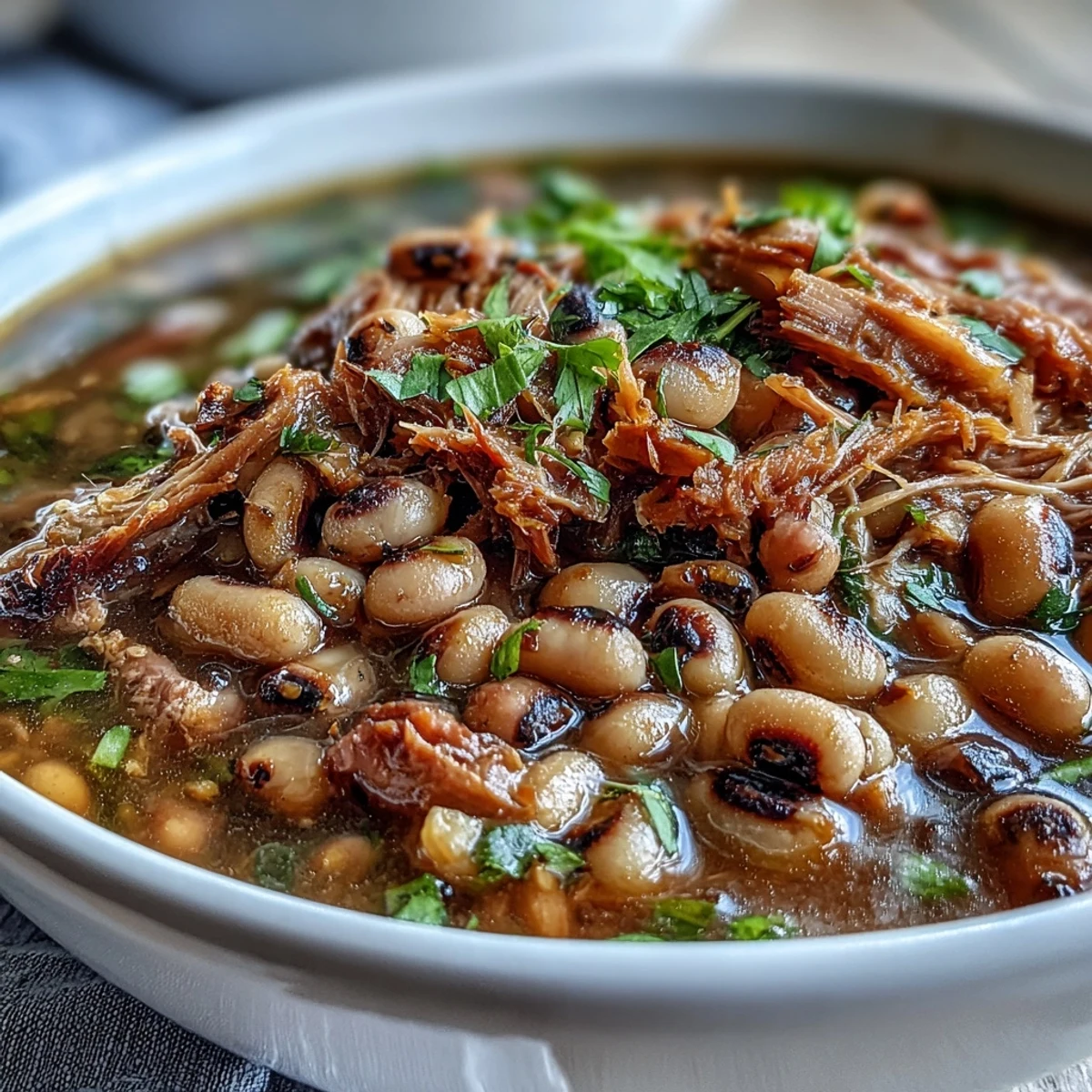 Creamy Crock-Pot Black-Eyed Peas with Smoked Turkey served hot with cornbread on a rustic table.