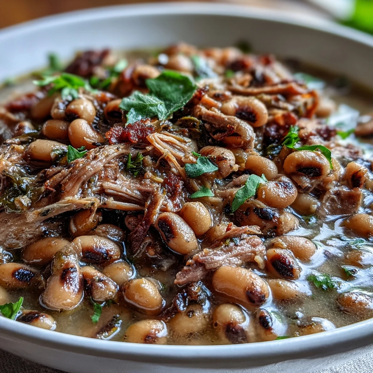 Savory Crock-Pot Black-Eyed Peas with Smoked Turkey beside fluffy rice and fresh collard greens.