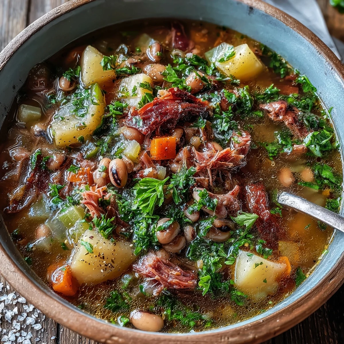 Hearty Black-Eyed Pea Stew with Smoked Ham Hocks steaming in a rustic bowl, garnished with fresh parsley and a side of cornbread.