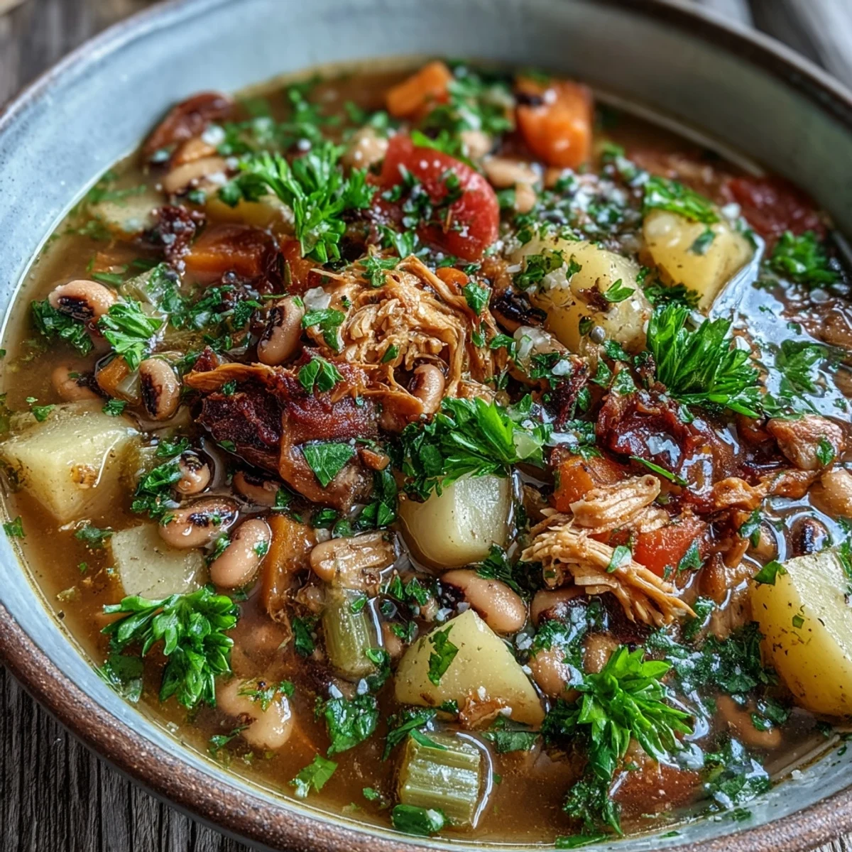 Southern-style Black-Eyed Pea Stew with Smoked Ham Hocks served in a Dutch oven, ready to be ladled into warm bowls.