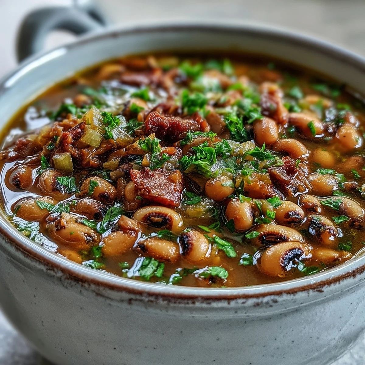 Classic New Years Black-Eyed Peas simmered with smoked pork, served steaming in a rustic bowl alongside cornbread for a traditional Southern meal.