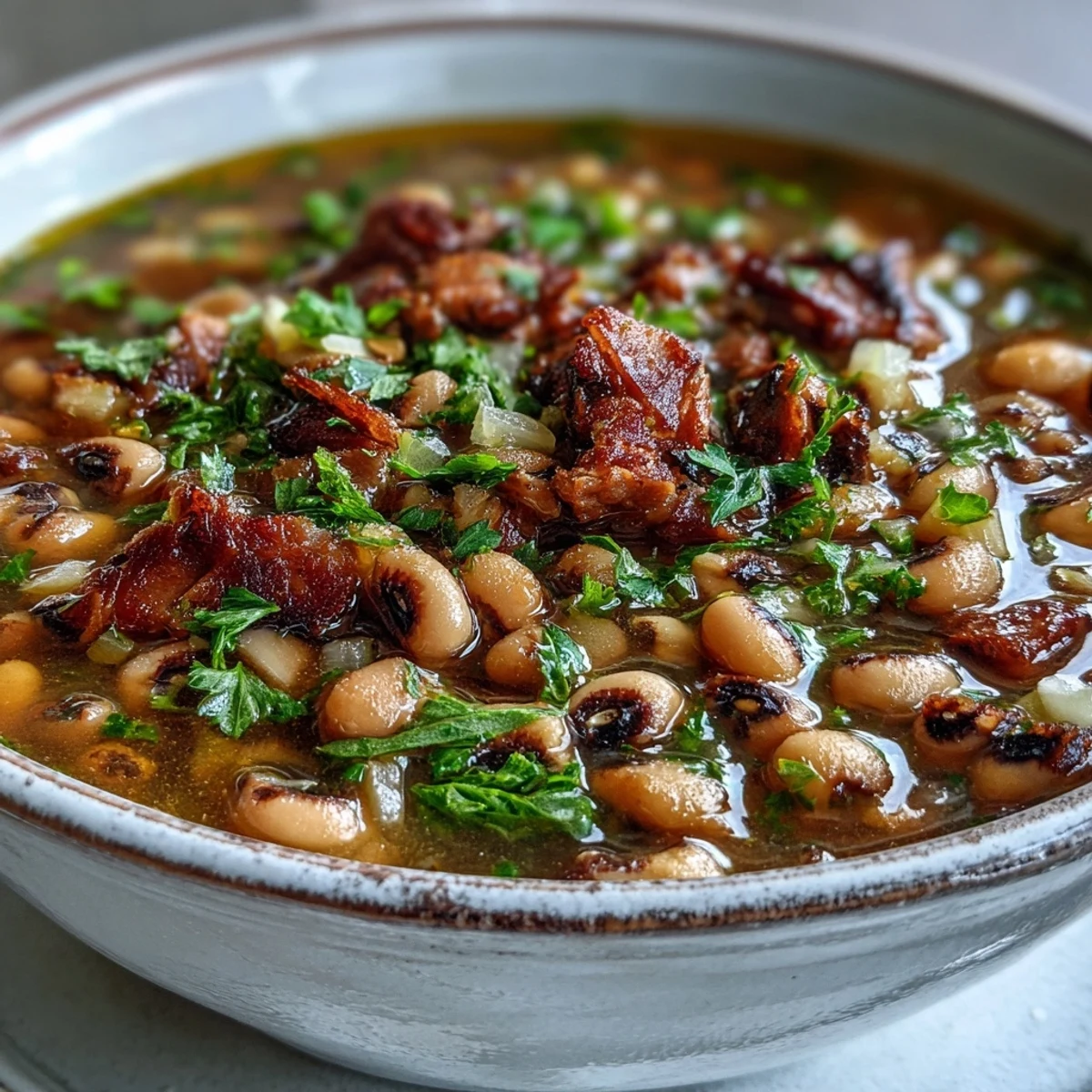 A close-up of Classic New Years Black-Eyed Peas, featuring tender beans, shredded smoked pork, and fresh parsley garnish, ready to eat.