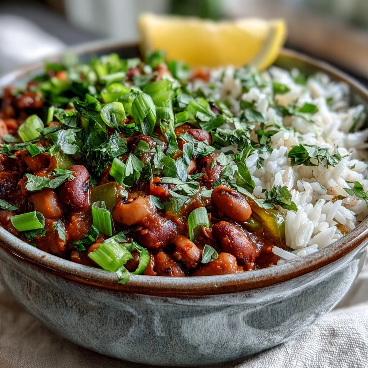 A hearty Southern dinner bowl garnished with chopped parsley and sliced green onions.