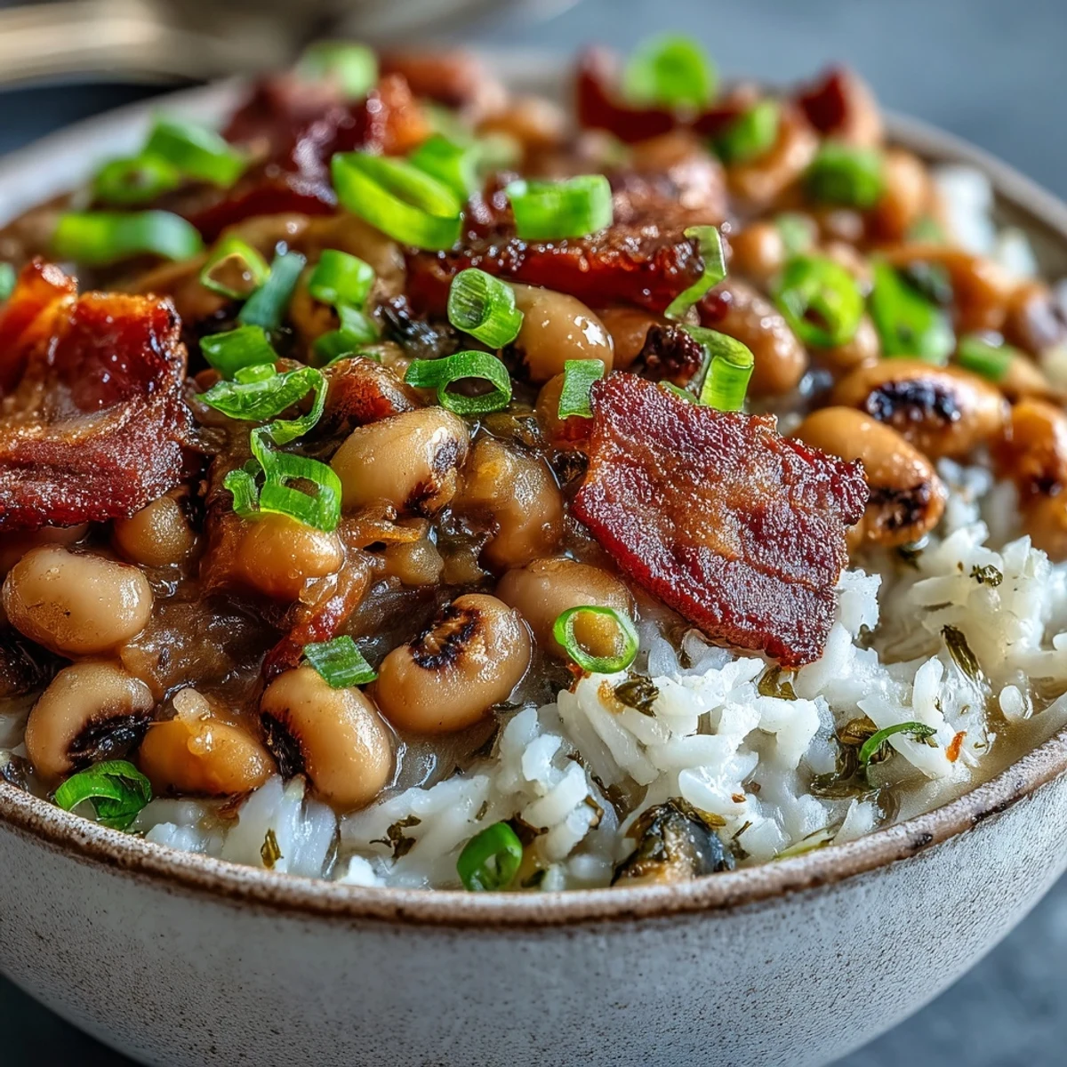 Golden Hoppin John served over fluffy white rice, topped with crispy bacon bits and fresh scallions.