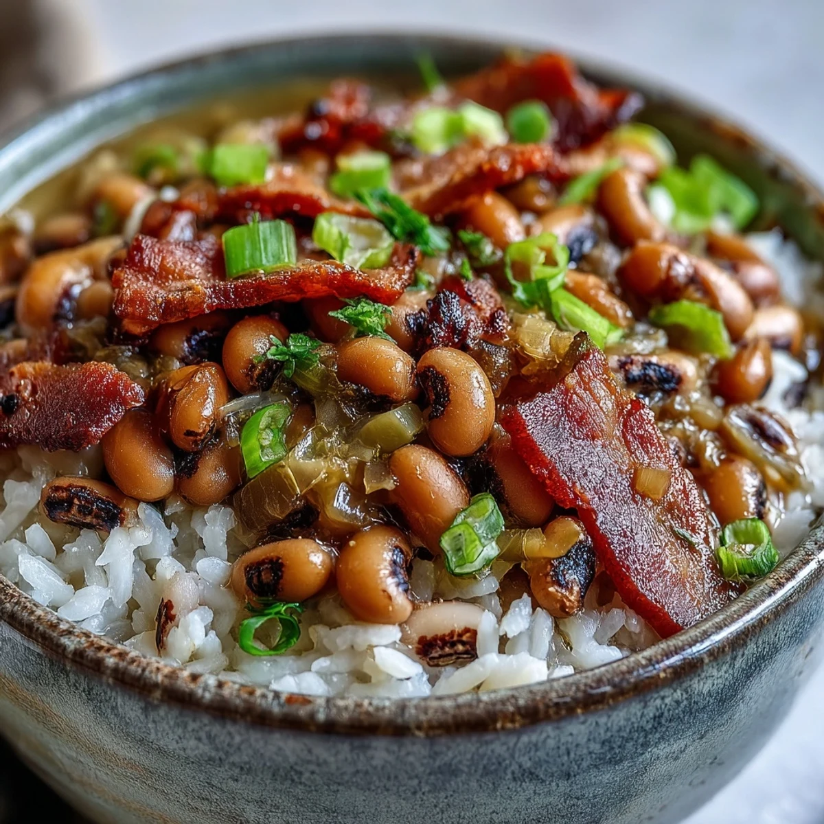 Steaming bowl of Southern Hoppin John featuring tender black-eyed peas, celery, and onion on rice.