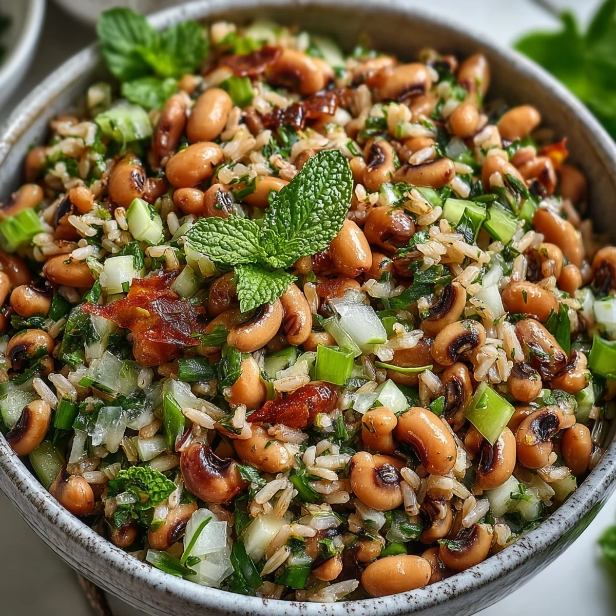 A vibrant bowl of Southern Black Eyed Pea Salad garnished with fresh mint, ready for a summer picnic.