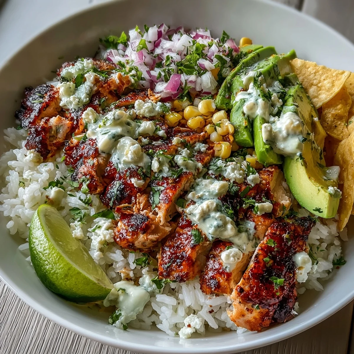 A vibrant Street Corn Chicken Rice Bowl with juicy grilled chicken, charred corn, fluffy rice, and creamy Tajín-lime sauce.