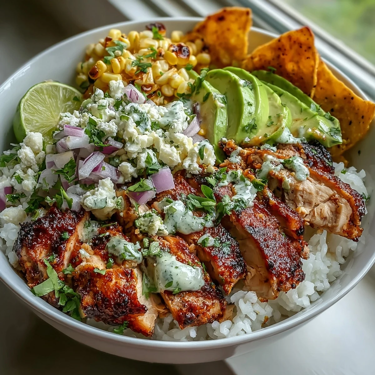 Sliced chicken and bright street corn top a bed of rice in this gluten-free Street Corn Chicken Rice Bowl.
