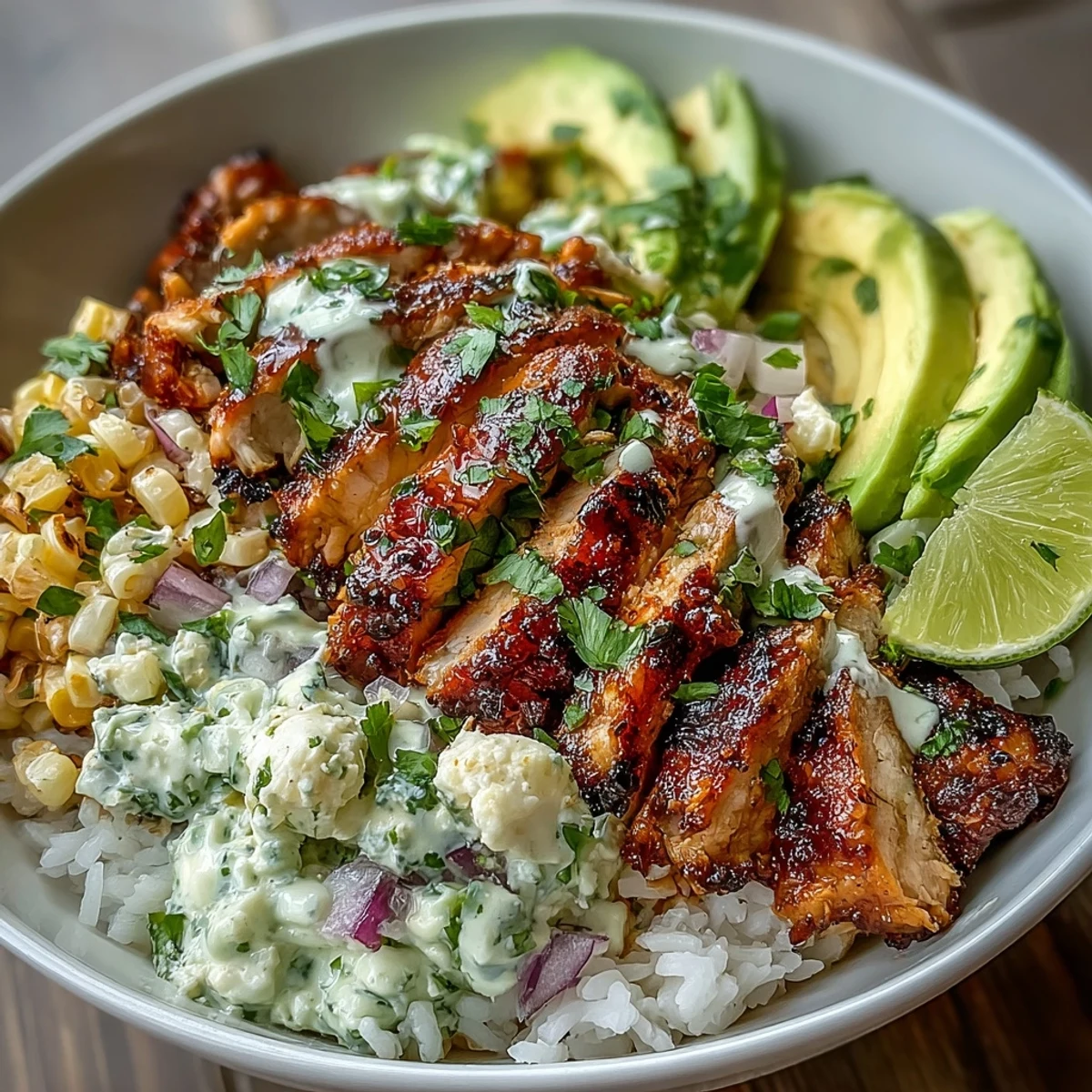 This hearty Street Corn Chicken Rice Bowl features golden corn, avocado, Cotija cheese, and a drizzle of creamy tajín sauce.