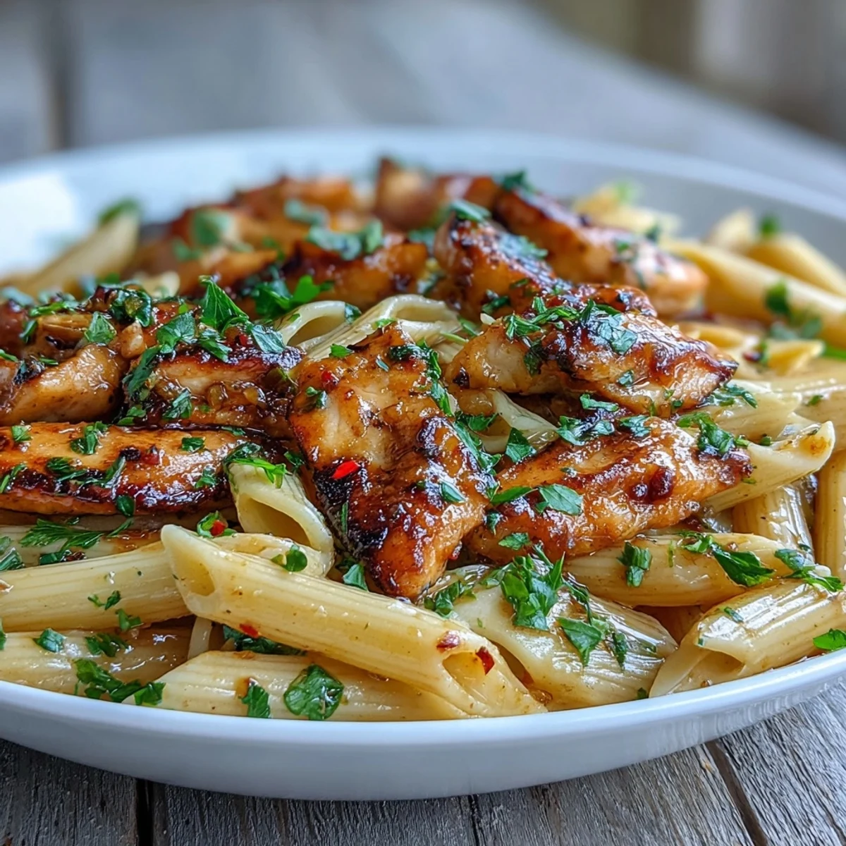 Golden honey pepper chicken strips glisten alongside al dente penne pasta in a glossy skillet, ready to serve for a quick weeknight dinner.  