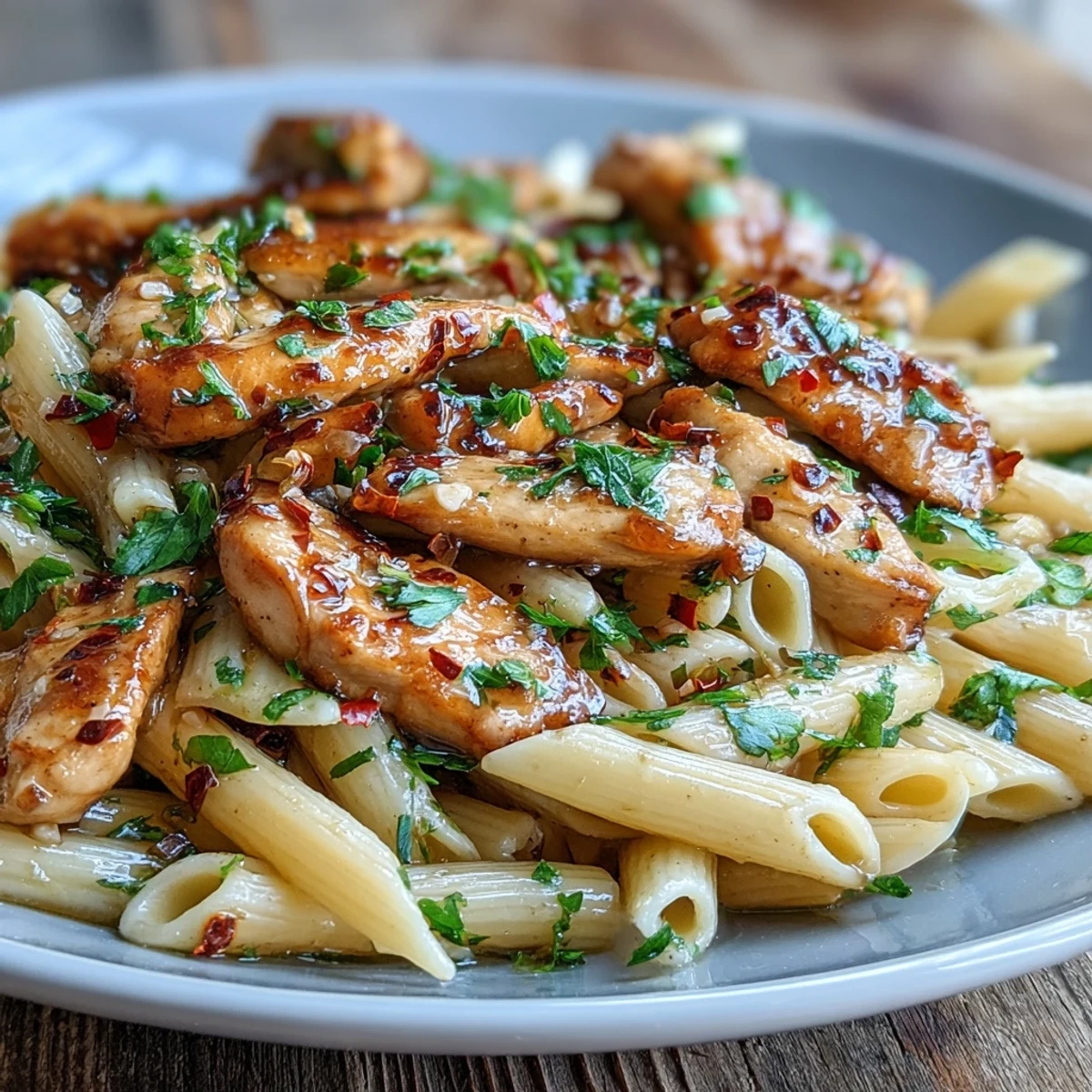 Steaming honey pepper chicken pasta is plated in a shallow bowl, garnished with herbs and a sprinkle of black pepper.
