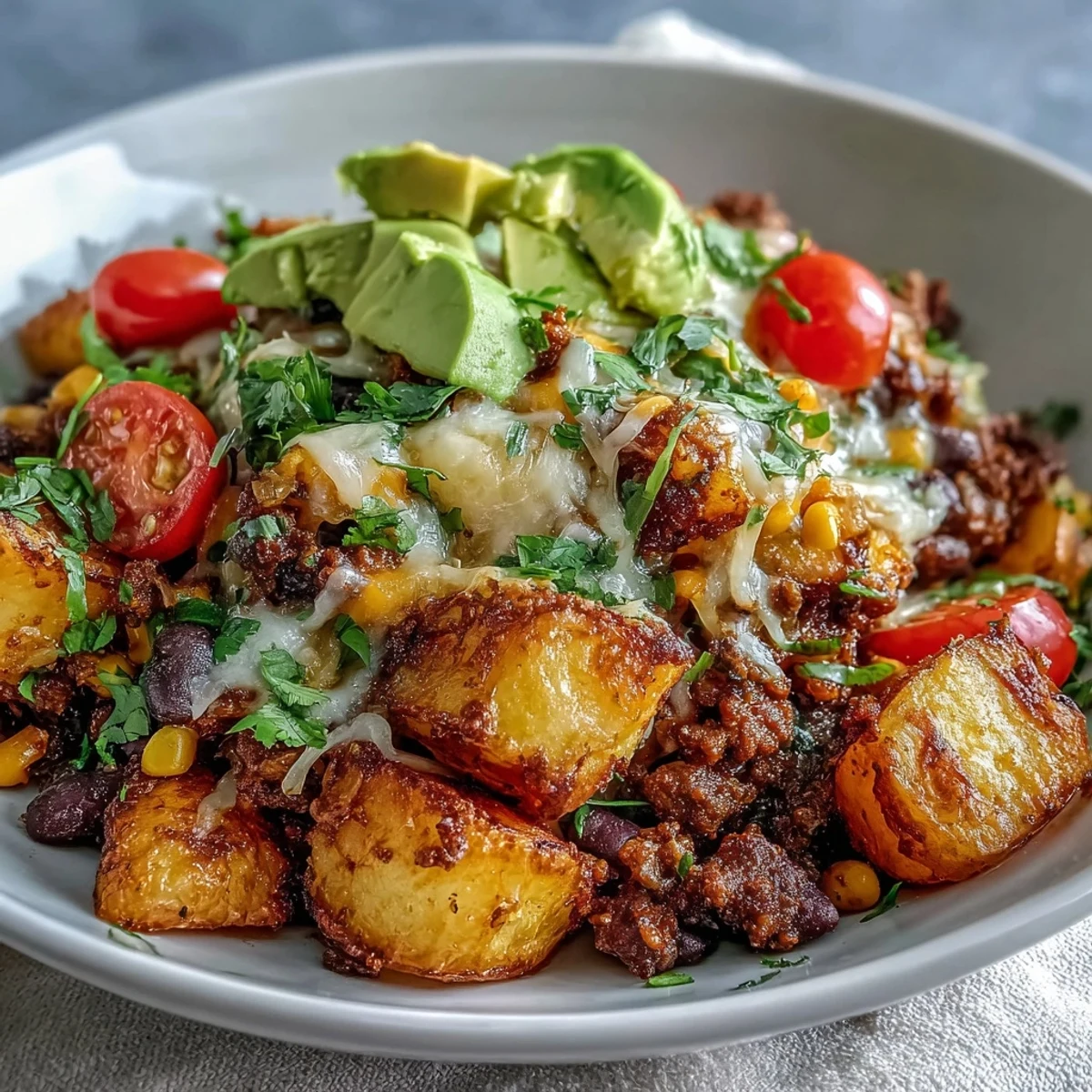 Golden crispy roasted potatoes topped with seasoned ground beef, black beans, melted cheddar, and fresh avocado in a Loaded Potato Taco Bowl.