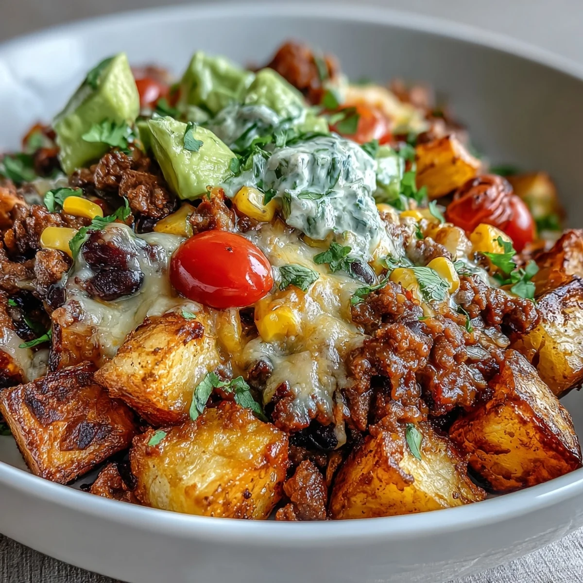 Hearty Loaded Potato Taco Bowl featuring savory meat, corn, cherry tomatoes, and a dollop of cool sour cream for a perfect flavor contrast.