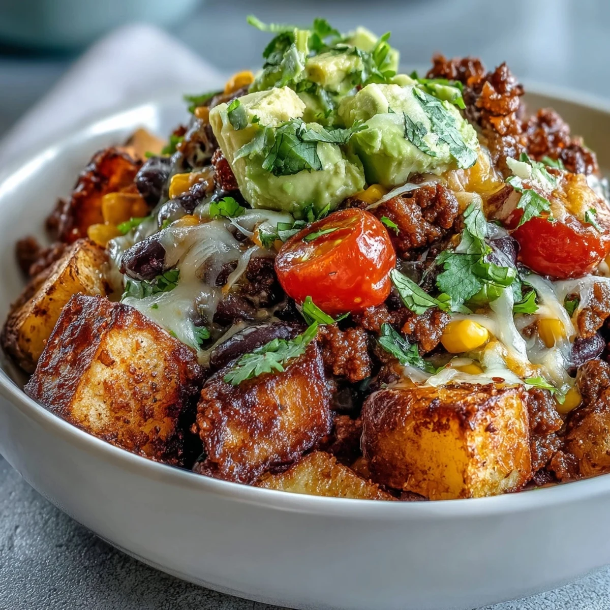 A vibrant serving of Loaded Potato Taco Bowl with lime wedges, cilantro, and melted cheese drizzled over crispy potatoes and hearty fillings.