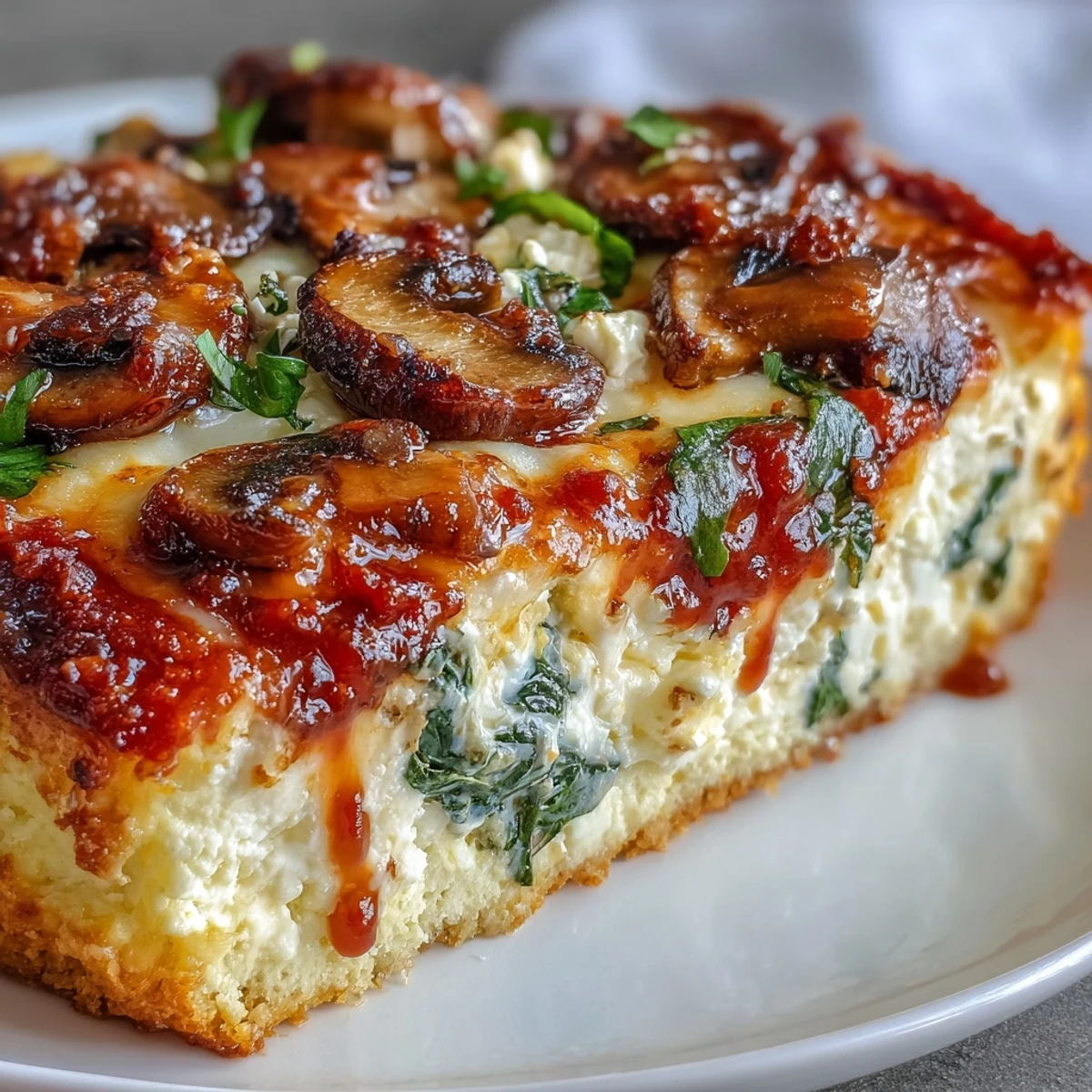 A close-up of a Cottage Cheese Pizza Bowl, with melted mozzarella bubbling over fresh spinach, bell peppers, and mushrooms in a creamy marinara base.  