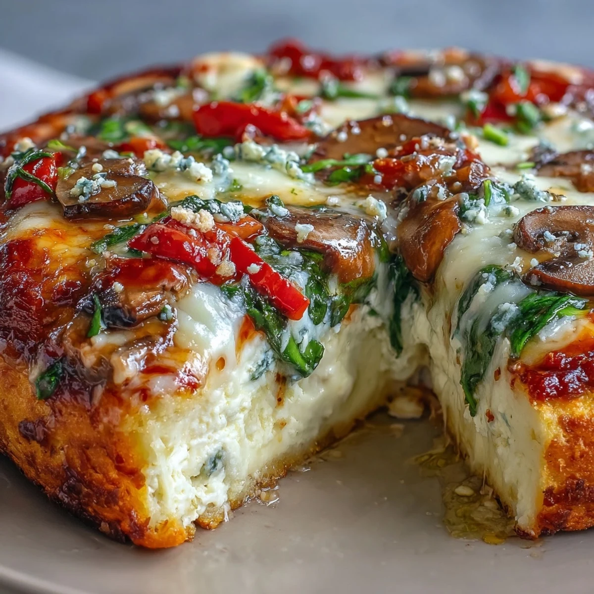 This low-carb Cottage Cheese Pizza Bowl features a rich layer of cottage cheese, vibrant chopped veggies, and gooey mozzarella, served in a rustic ceramic dish.  