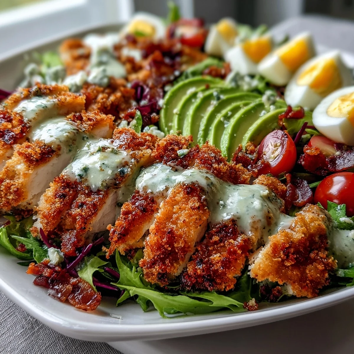 A hearty Parmesan Crusted Chicken Cobb Salad featuring crispy bacon, blue cheese crumbles, and hard-boiled eggs on vibrant greens.  