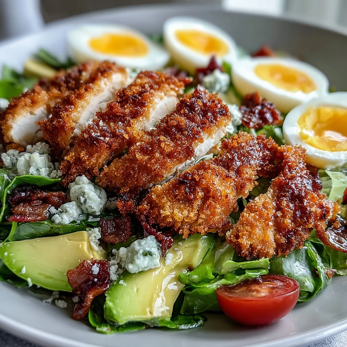 This glazed Parmesan Crusted Chicken Cobb Salad combines juicy sliced chicken with creamy avocado and a tangy dressing.