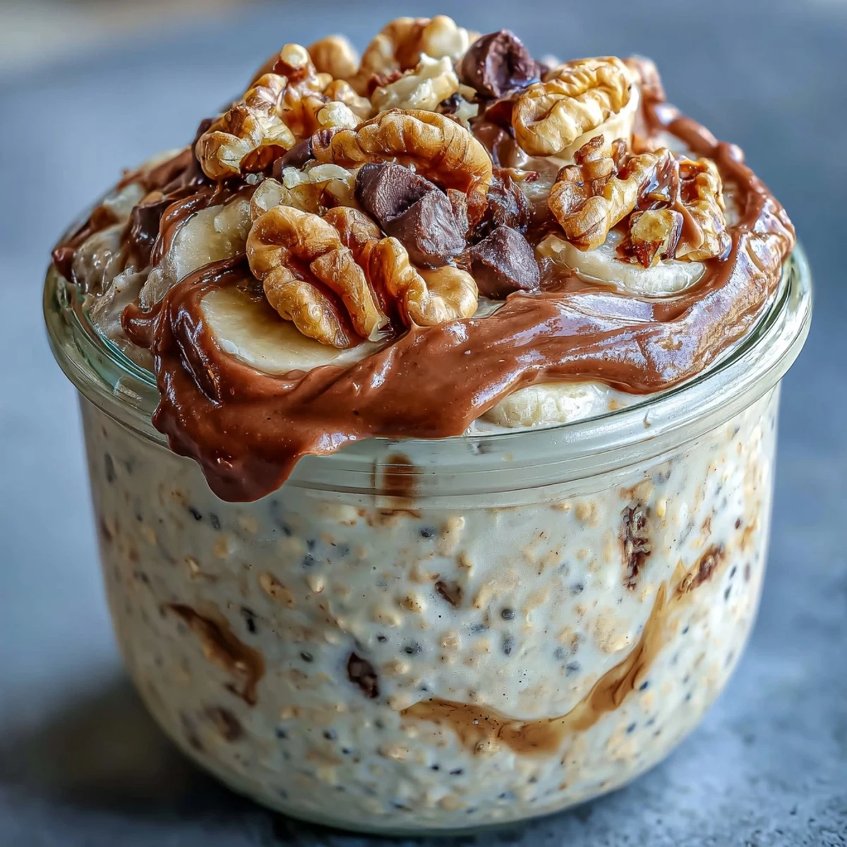 Thick and creamy overnight oats, inspired by Chunky Monkey flavors, layered with mashed banana and a swirl of peanut butter.
