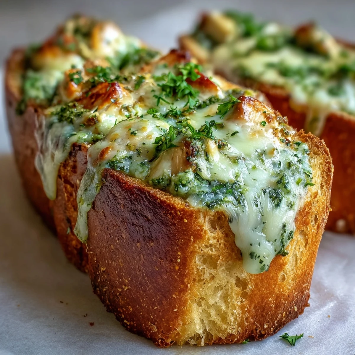 Two steaming Pesto Chicken Garlic Bread Boats are served on a white plate with a side of marinara sauce.