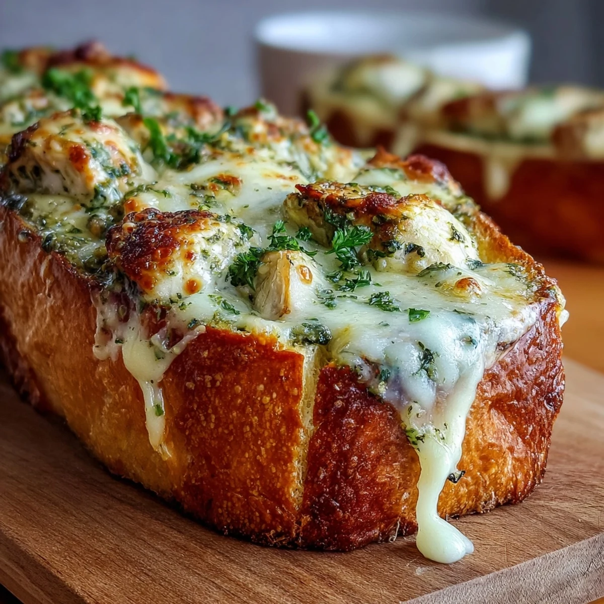 Golden Pesto Chicken Garlic Bread Boats sit on a rustic wooden table, topped with melted mozzarella and fresh basil.