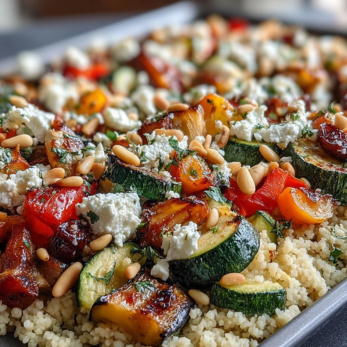 Golden roasted zucchini, bell peppers, and eggplant mingle with fluffy couscous and creamy feta in this vibrant bake.  