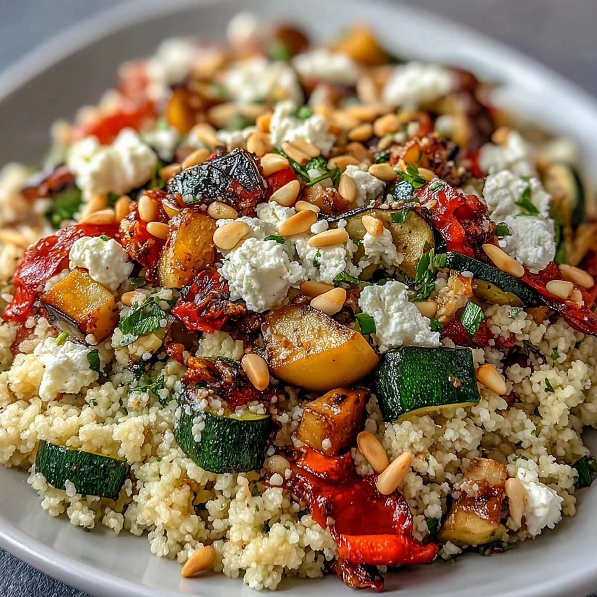 This Roasted Veggie & Feta Couscous Bake offers a warm Mediterranean side dish with caramelized edges and fresh parsley garnish.  