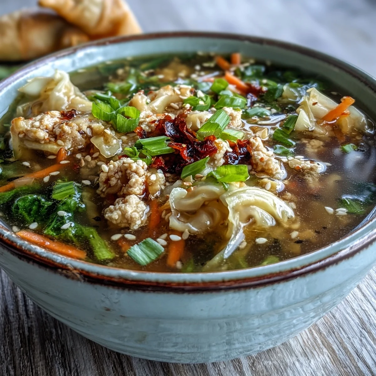 A comforting bowl of Egg Roll Soup with chicken, cabbage, and carrots, garnished with chili crisp and green onions.  
