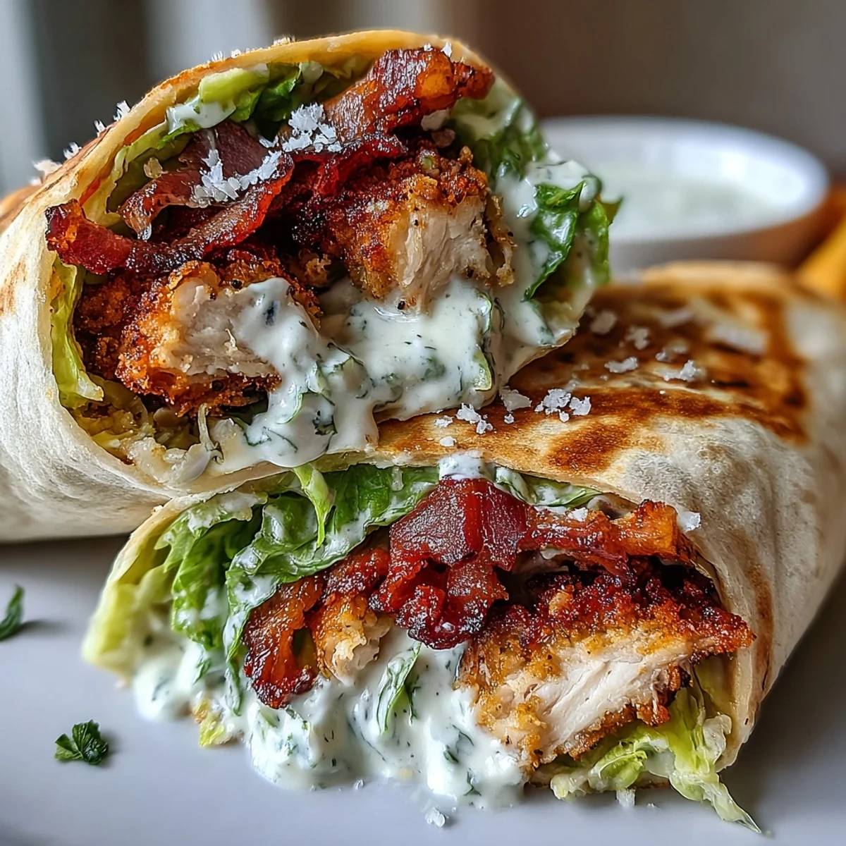 Savory Crispy Chicken Bacon Caesar Wraps served on a wooden board, with extra Parmesan shavings and a side of dressing for dipping.