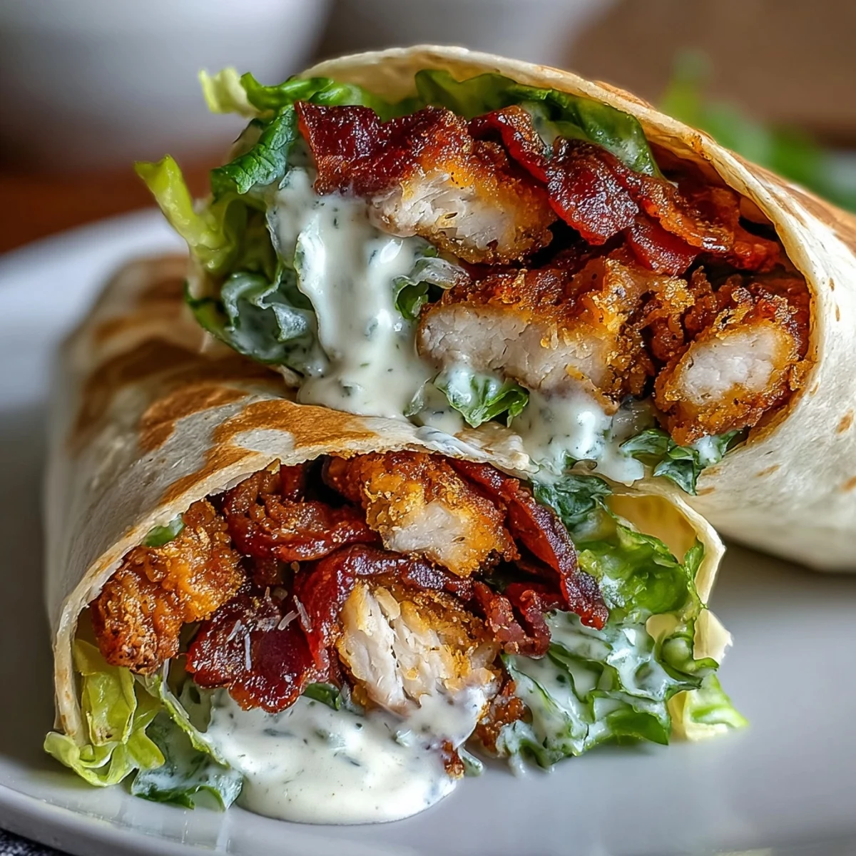 Freshly assembled Crispy Chicken Bacon Caesar Wraps cut in half, revealing juicy chicken, crunchy bacon, and dressed romaine lettuce inside.