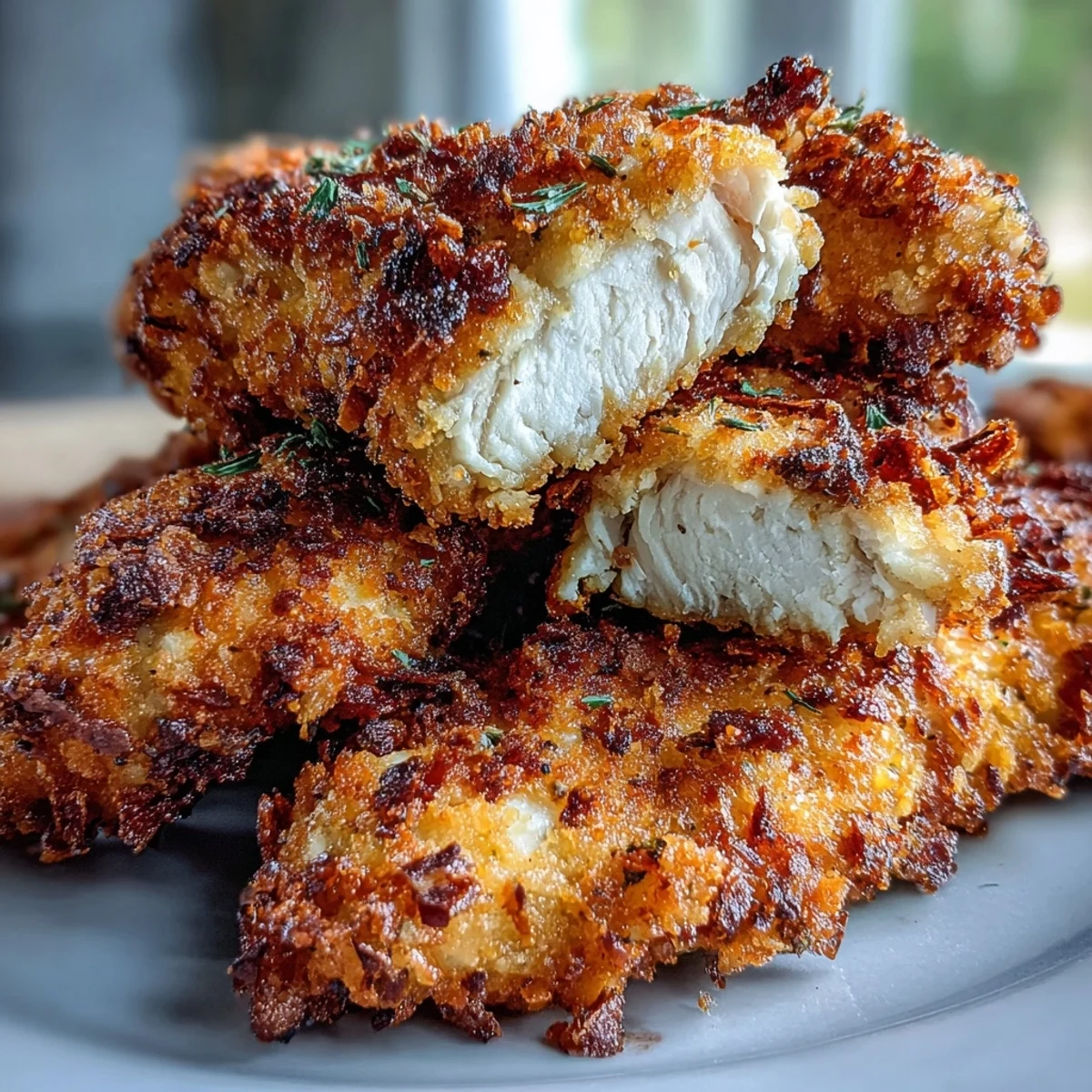 Freshly baked Crispy Panko Ranch Chicken Tenders stacked high with a side of creamy dipping sauce.  