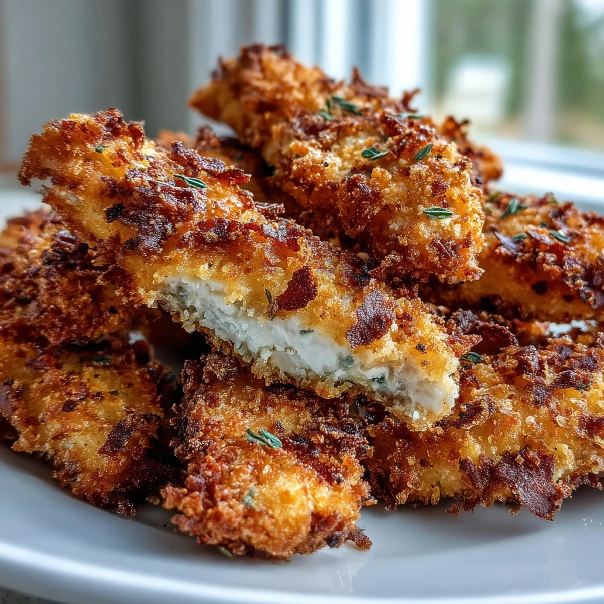 Golden-baked Crispy Panko Ranch Chicken Tenders fresh from the oven on a serving platter.  