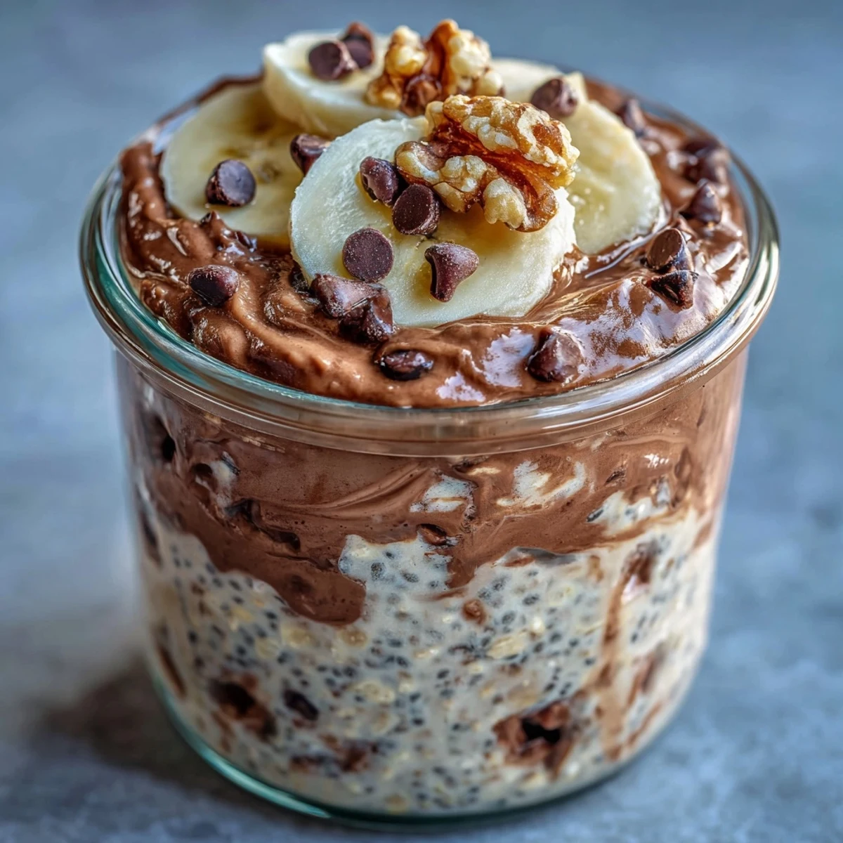 Creamy Chunky Monkey Protein Overnight Oats layered with banana slices, peanut butter drizzle, and chopped walnuts in a glass jar.