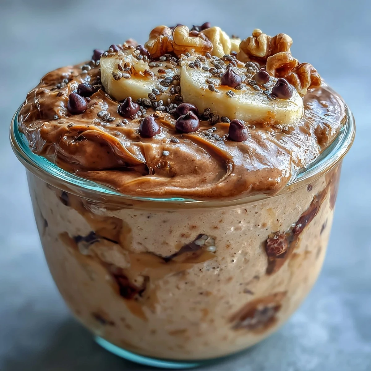 Close-up of Chunky Monkey Protein Overnight Oats topped with walnuts, extra peanut butter, and banana slices on a marble counter.