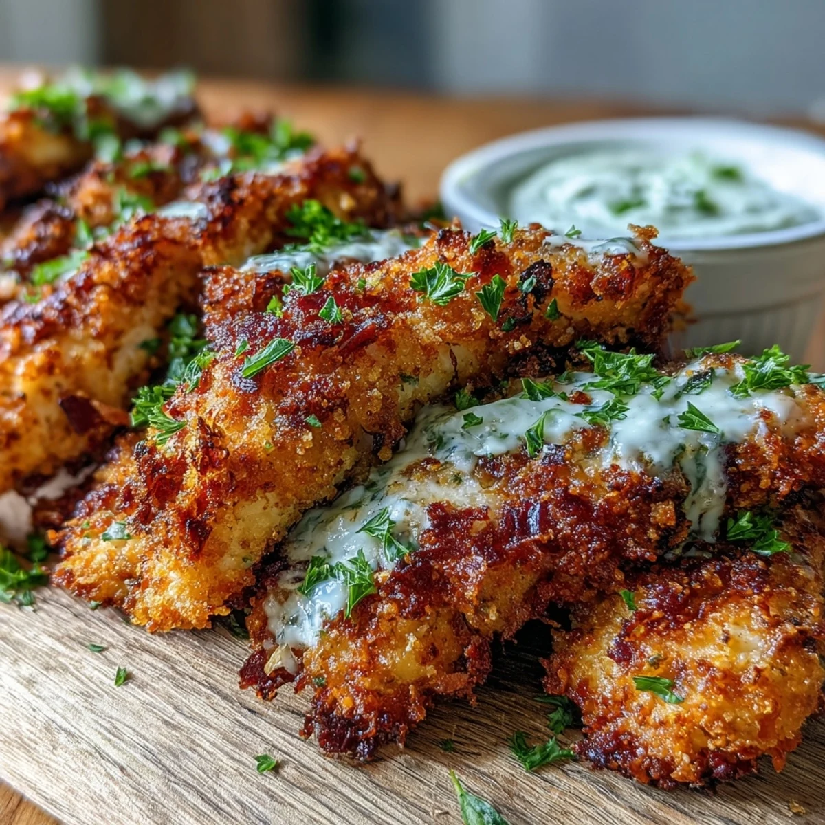Golden-baked Crispy Panko Ranch Chicken Tenders served with creamy dipping sauce on a white plate.