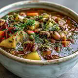 A hearty bowl of Black-Eyed Pea Stew featuring tender vegetables and savory tomato broth, ready to serve.