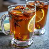 A steaming cup of dandelion root tea with ginger and turmeric, garnished with a slice of lemon and a sprinkle of black pepper.