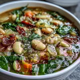 Hearty Tuscan white bean and spinach soup in a slow cooker, with creamy beans and fresh greens simmering in savory broth.