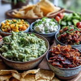Freshly made guacamole with a generous spread of tasty toppings for a party.