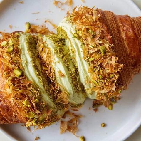 Golden, flaky Pistachio Cream Croissants, a decadent pastry bursting with creamy pistachio filling.