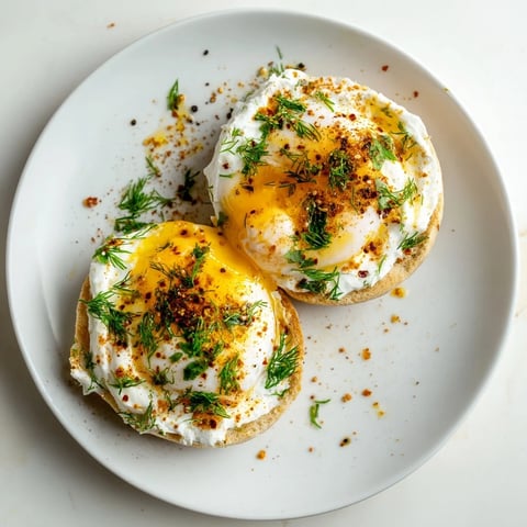Çılbır Eggs Benedict brunch: creamy yogurt base topped with perfectly poached eggs and spiced butter drizzle.