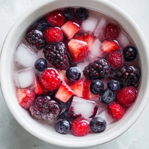 Two bowls of Nature's Cereal Bowl, filled with fresh blueberries, raspberries, blackberries, and strawberries swimming in chilled coconut water over ice.  
