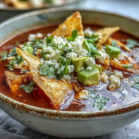 Steaming Sopa Azteca in a white bowl, loaded with crispy tortilla strips and creamy panela cheese.