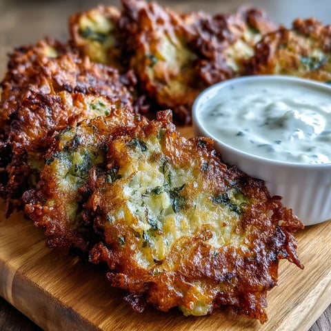 Golden brown Cabbage Fritters With Dipping Sauce stacked on a plate with a side of creamy yogurt sauce.